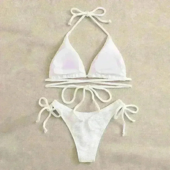 NWT Textured Triangle Wrap Around Solid White Tie Bikini SET - Picture 4 of 14